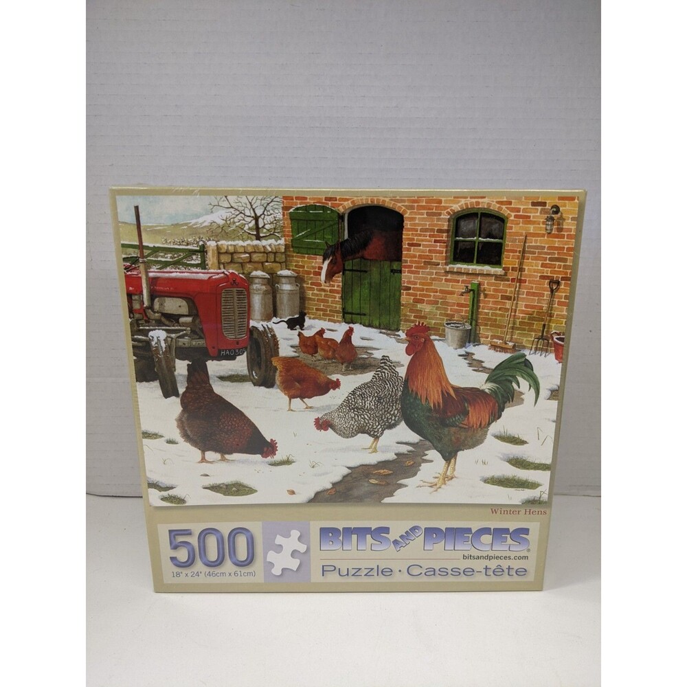 Bits and Pieces Winter Hens 500 Piece Jigsaw Puzzle Tracy Hall Farm Rooster NEW